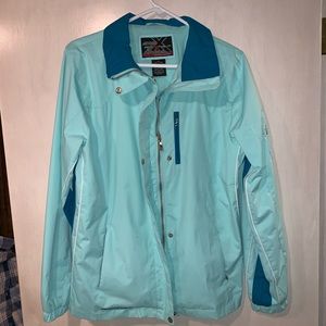 Light blue button/zip up rain coat
